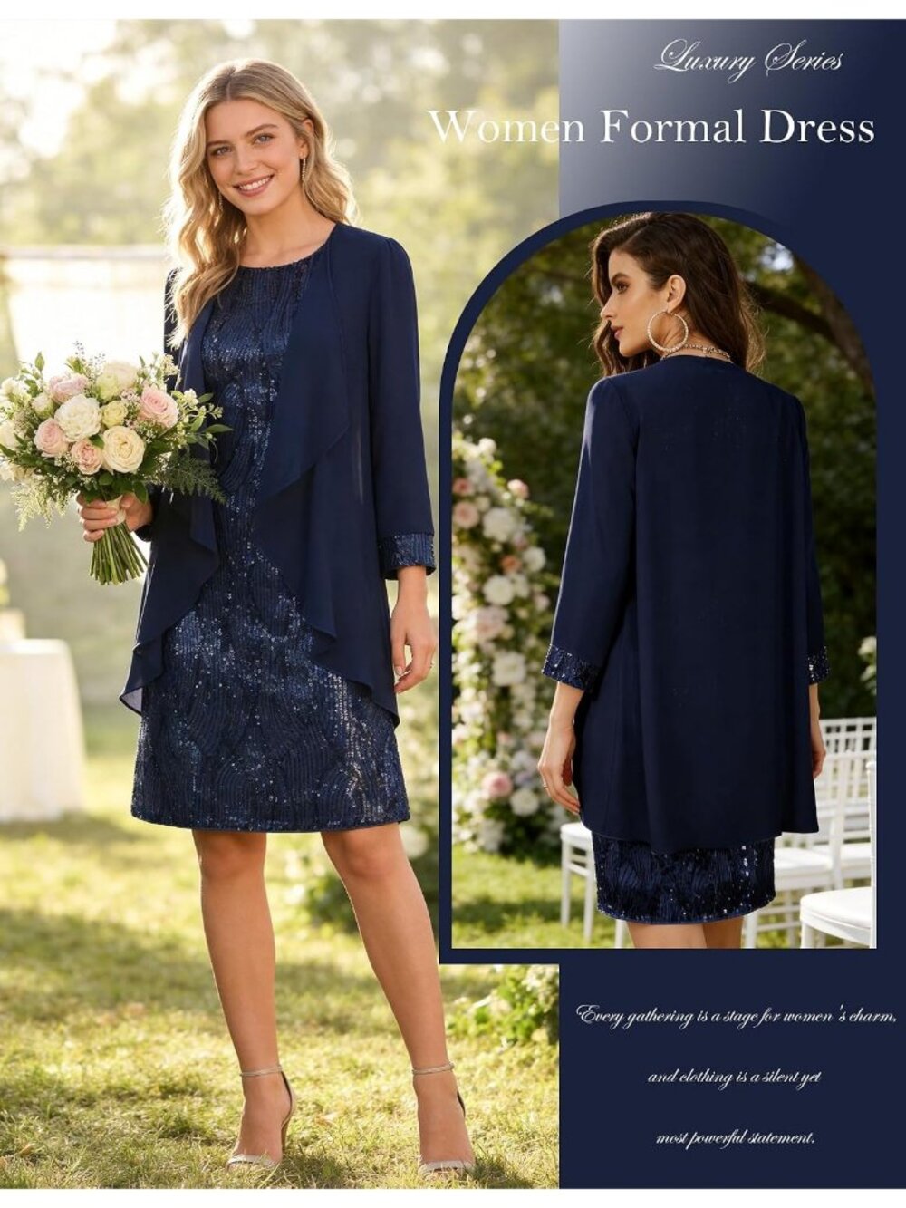 Women Navy Blue 3/4 Sleeve Bodycon Crew Neck Two Piece Winter Cocktail Dresses - Picture 2 of 6